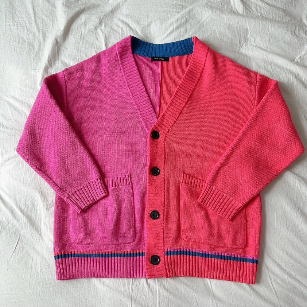 Red/Pink Contrast Open Knit V-neck Cardigan Button Up Relaxed Colors Jackets